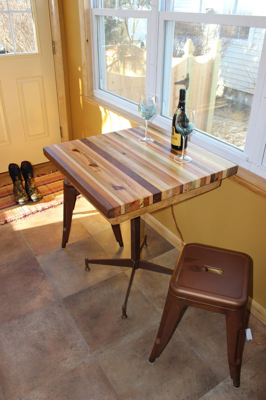 Breakfast Table, Butcher Block Kitchen Table, Wood Small Dining Table, Metal Base Table, Bohemian Butcher Island Table