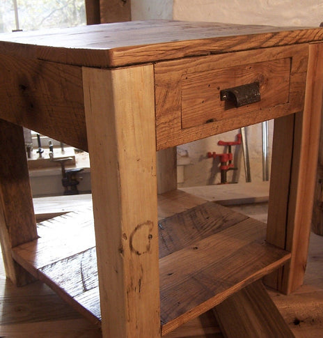 Rustic Parsons Style End Tables with Drawer, Shelf and Vintage Pulls