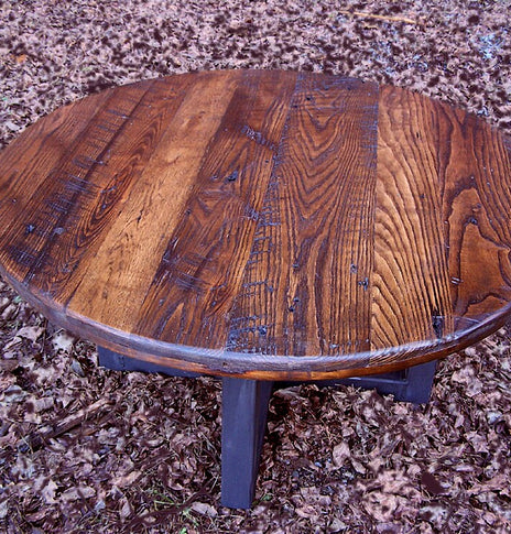 Round Coffee Table, Wormy Chestnut Table, Metal Coffee Table Base, Industrial Coffee Table, Wood End Table, Coffee Side Table, Modern Table