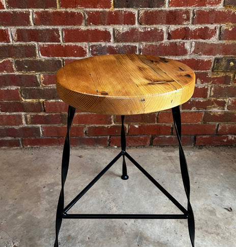 FREE SHIPPING - Twisted Wrought Iron Leg Bar Stool, Modern Bar Stool, Industrial Tripod Bar Stool, Backless Bar Stool, Reclaimed Wood Stool