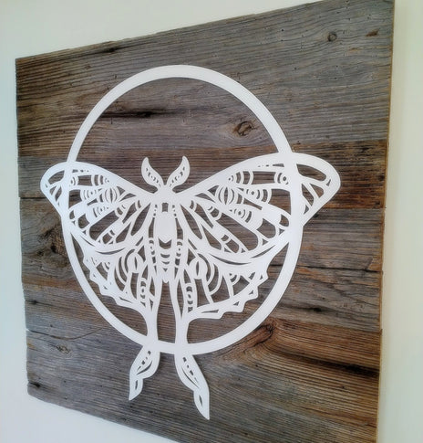 Luna Moth and Moon Reclaimed Wood and Metal Wall Art, Weathered Wood Wall Art, Luna Month Wall Decor, Butterfly Wall Art, Cottagecore Decor