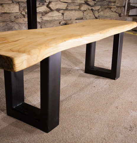 Live edge bench made of solid slab wood - Raw edge slab top with metal base - Mid century modern home decor