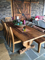 Trestle dining table made of reclaimed solid wood. Modern farmhouse wooden table with antique design